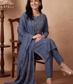 Women Ethnic Motifs Embroidered Regular Mirror Work Pure Cotton Kurta with Trousers & With Dupatta