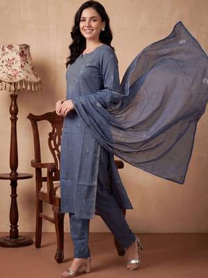 Women Ethnic Motifs Embroidered Regular Mirror Work Pure Cotton Kurta with Trousers & With Dupatta 3