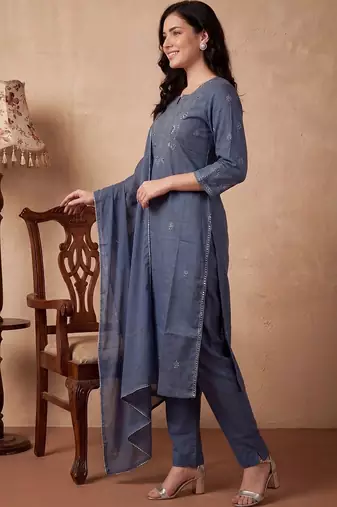Women Ethnic Motifs Embroidered Regular Mirror Work Pure Cotton Kurta with Trousers & With Dupatta