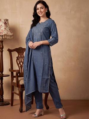 Women Ethnic Motifs Embroidered Regular Mirror Work Pure Cotton Kurta with Trousers & With Dupatta 5