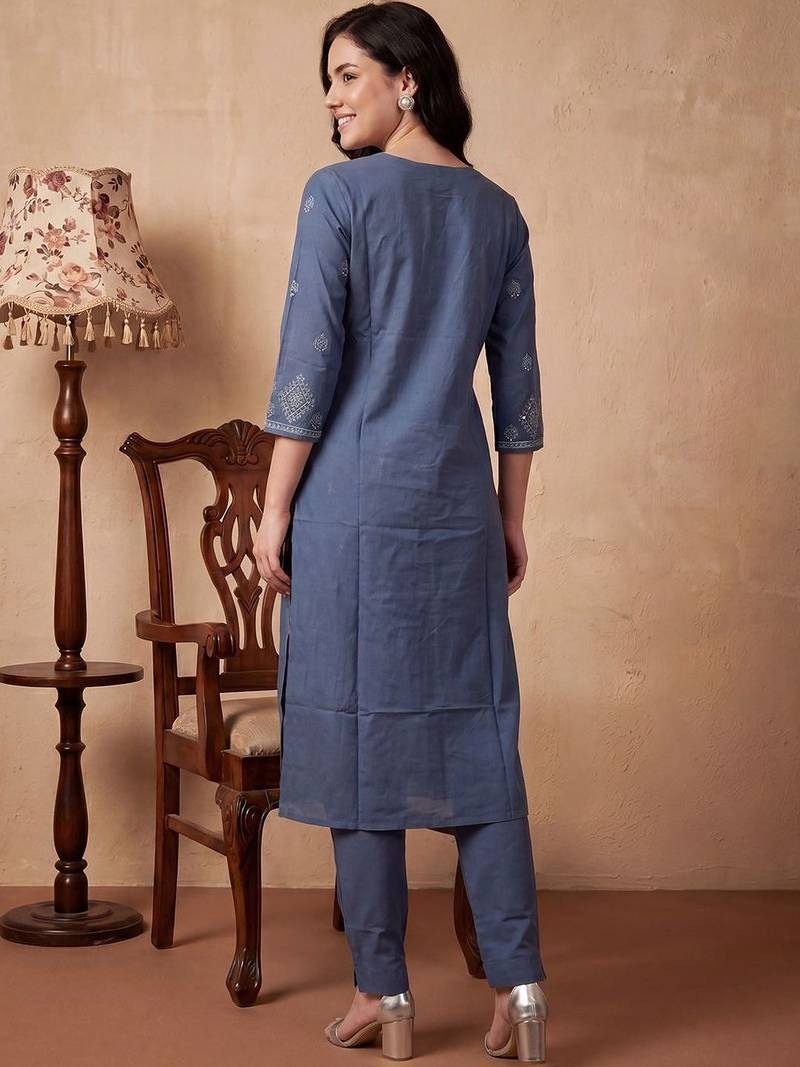 Women Ethnic Motifs Embroidered Regular Mirror Work Pure Cotton Kurta with Trousers & With Dupatta