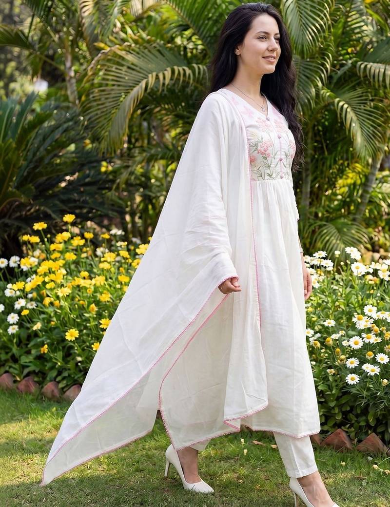 Women Floral Embroidered Empire Thread Work Pure Cotton Kurta with Trousers & With Dupatta