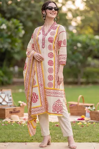 Women Ethnic Motifs Printed Regular Pure Cotton Kurta with Trousers & With Dupatta