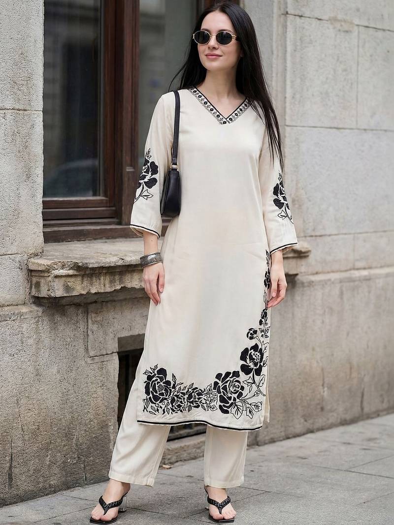 Women Floral Embroidered Regular Thread Work Kurta with Trousers