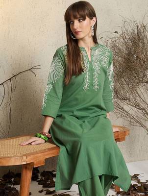 Embroidered Mandarin Collar Thread Work Pure Cotton Kurta With Trousers 1