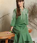 Embroidered Mandarin Collar Thread Work Pure Cotton Kurta With Trousers