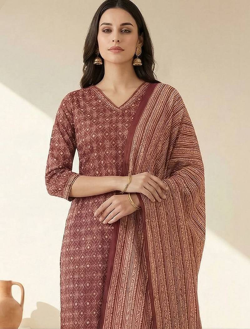 Women Printed Regular Pure Cotton Kurta with Trousers & With Dupatta
