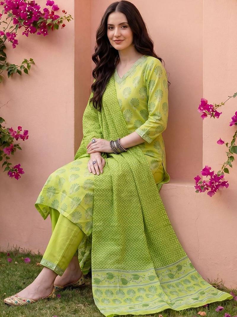 Women Ethnic Motifs Printed Regular Pure Cotton Kurta with Trousers & With Dupatta