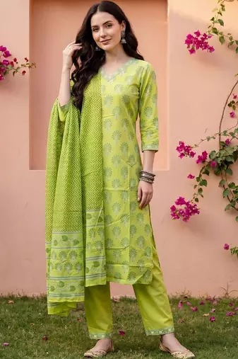 Women Ethnic Motifs Printed Regular Pure Cotton Kurta with Trousers & With Dupatta