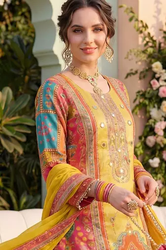 Women Ethnic Motifs Printed Regular Mirror Work Kurta with Palazzos & With Dupatta