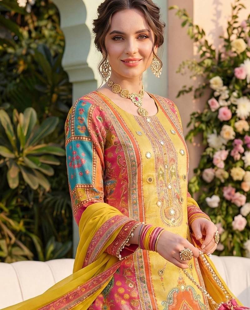 Women Ethnic Motifs Printed Regular Mirror Work Kurta with Palazzos & With Dupatta