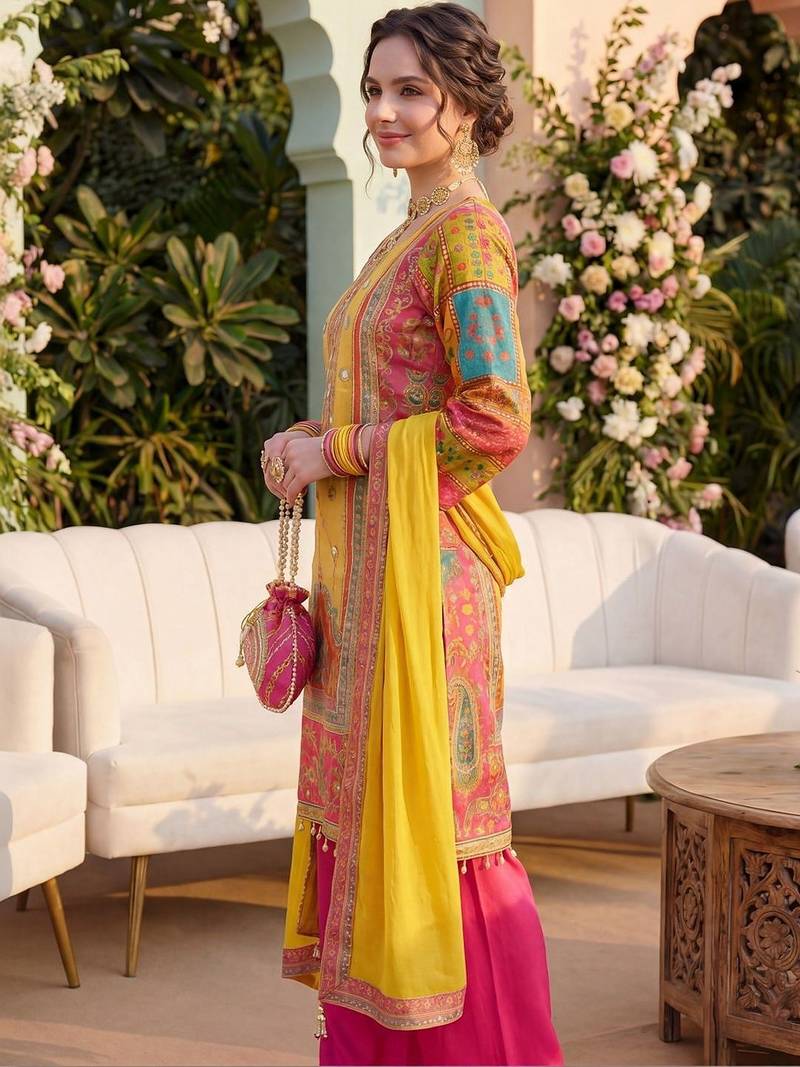 Women Ethnic Motifs Printed Regular Mirror Work Kurta with Palazzos & With Dupatta