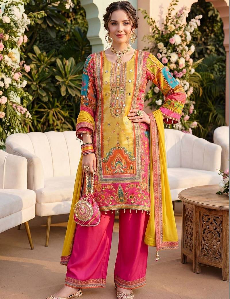 Women Ethnic Motifs Printed Regular Mirror Work Kurta with Palazzos & With Dupatta