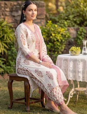 Women Floral Printed Regular Sequinned Pure Cotton Kurta with Salwar & With Dupatta 1