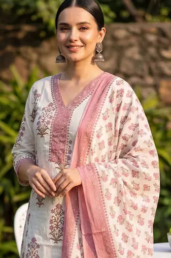 Women Floral Printed Regular Sequinned Pure Cotton Kurta with Salwar & With Dupatta