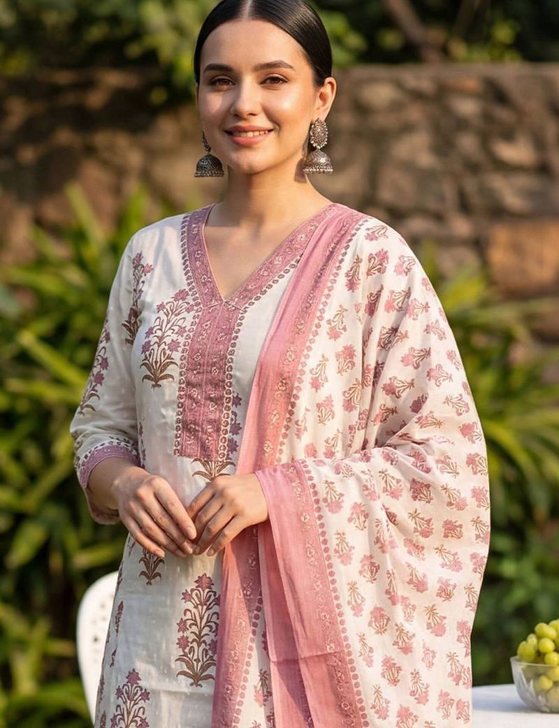 Women Floral Printed Regular Sequinned Pure Cotton Kurta with Salwar & With Dupatta