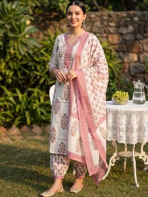 Women Floral Printed Regular Sequinned Pure Cotton Kurta with Salwar & With Dupatta 4