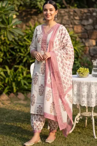Women Floral Printed Regular Sequinned Pure Cotton Kurta with Salwar & With Dupatta