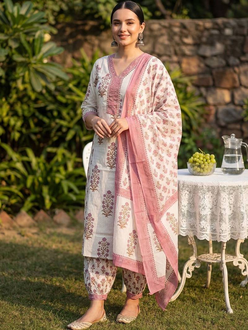Women Floral Printed Regular Sequinned Pure Cotton Kurta with Salwar & With Dupatta