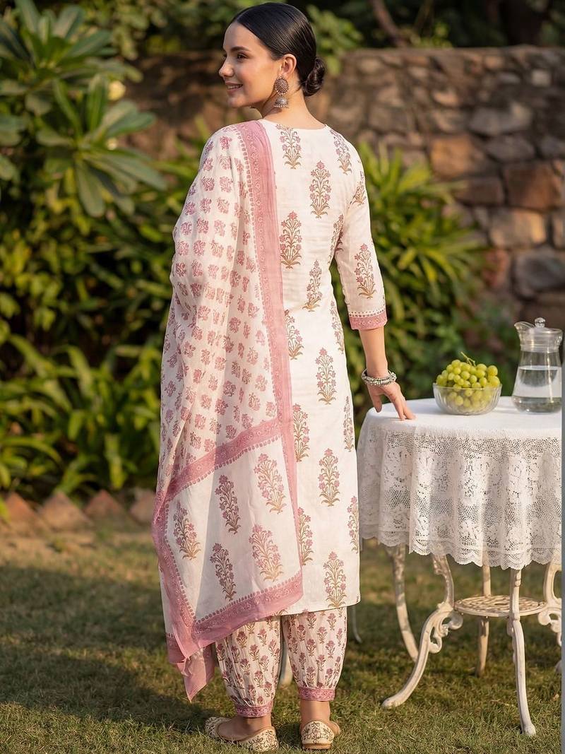 Women Floral Printed Regular Sequinned Pure Cotton Kurta with Salwar & With Dupatta