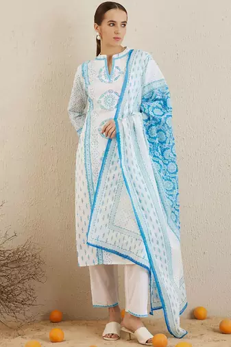 Ethnic Motifs Printed Regular Pure Cotton Kurta with Trousers & Dupatta