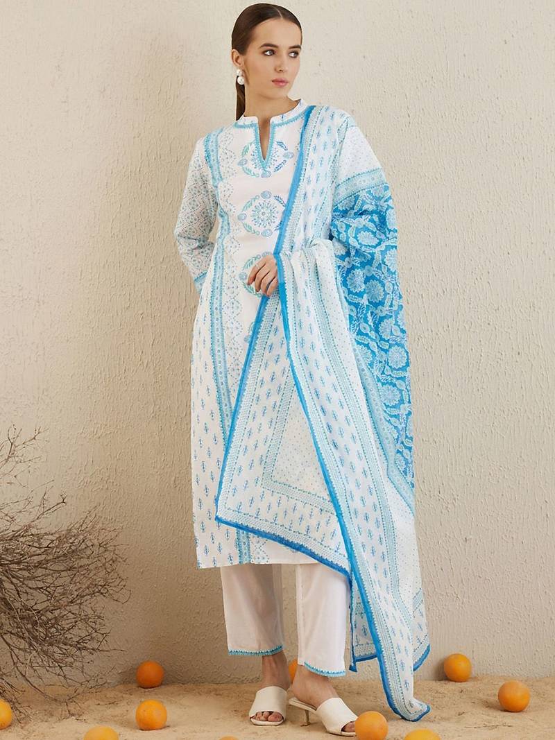 Ethnic Motifs Printed Regular Pure Cotton Kurta with Trousers & Dupatta