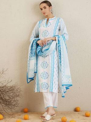 Ethnic Motifs Printed Regular Pure Cotton Kurta with Trousers & Dupatta 3