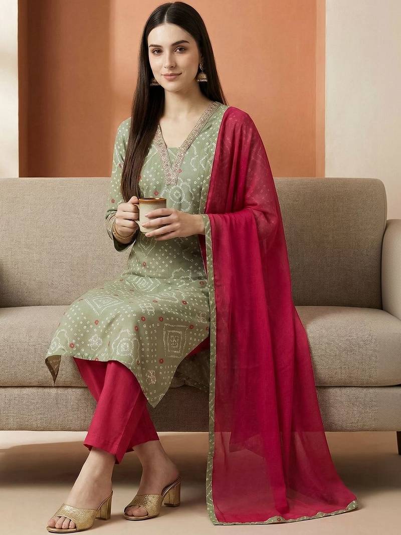 Women Ethnic Motifs Printed Regular Thread Work Pure Cotton Kurta with Trousers & With Dupatta
