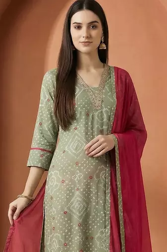 Women Ethnic Motifs Printed Regular Thread Work Pure Cotton Kurta with Trousers & With Dupatta