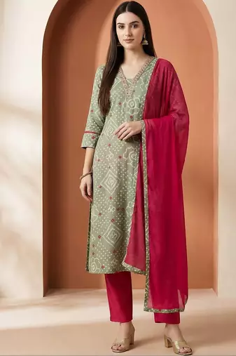 Women Ethnic Motifs Printed Regular Thread Work Pure Cotton Kurta with Trousers & With Dupatta
