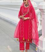 Magenta Floral Embroidered Beads & Stones Straight Kurta & Trousers With Dupatta