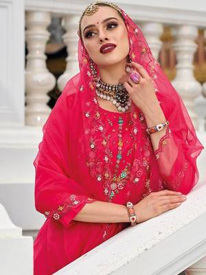 Magenta Floral Embroidered Beads & Stones Straight Kurta & Trousers With Dupatta 2