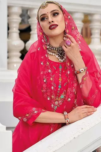 Magenta Floral Embroidered Beads & Stones Straight Kurta & Trousers With Dupatta