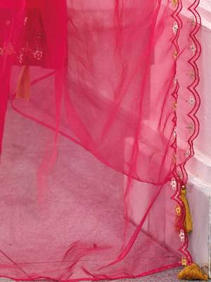 Magenta Floral Embroidered Beads & Stones Straight Kurta & Trousers With Dupatta 3
