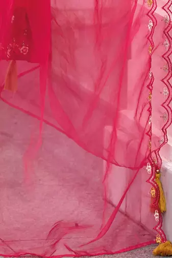 Magenta Floral Embroidered Beads & Stones Straight Kurta & Trousers With Dupatta