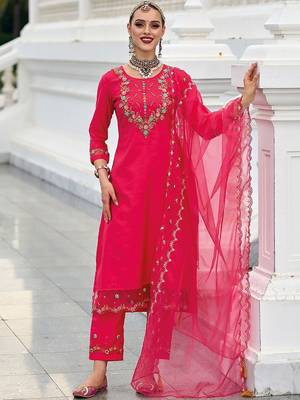 Magenta Floral Embroidered Beads & Stones Straight Kurta & Trousers With Dupatta 4