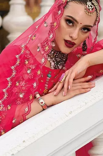 Magenta Floral Embroidered Beads & Stones Straight Kurta & Trousers With Dupatta