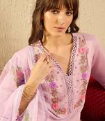 Lavender Floral Embroidered V-Neck Straight Kurta with Trousers & Dupatta