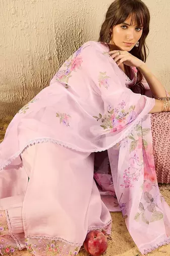 Lavender Floral Embroidered V-Neck Straight Kurta with Trousers & Dupatta