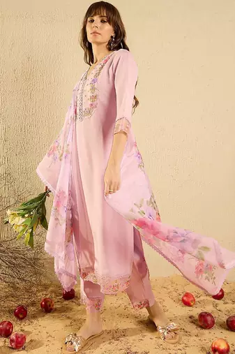 Lavender Floral Embroidered V-Neck Straight Kurta with Trousers & Dupatta