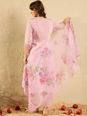 Lavender Floral Embroidered V-Neck Straight Kurta with Trousers & Dupatta 6