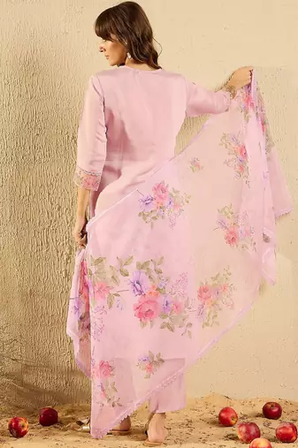 Lavender Floral Embroidered V-Neck Straight Kurta with Trousers & Dupatta