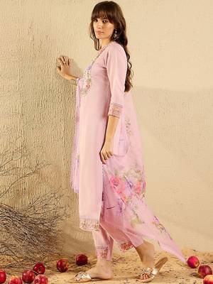 Lavender Floral Embroidered V-Neck Straight Kurta with Trousers & Dupatta 7