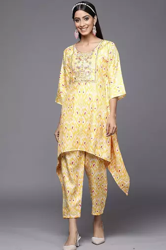 Ethnic Motifs Printed Thread Work Kaftan Kurta with Trouser