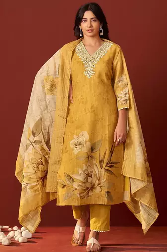 Women Floral Embroidered Cotton Kurta with Trousers & Dupatta