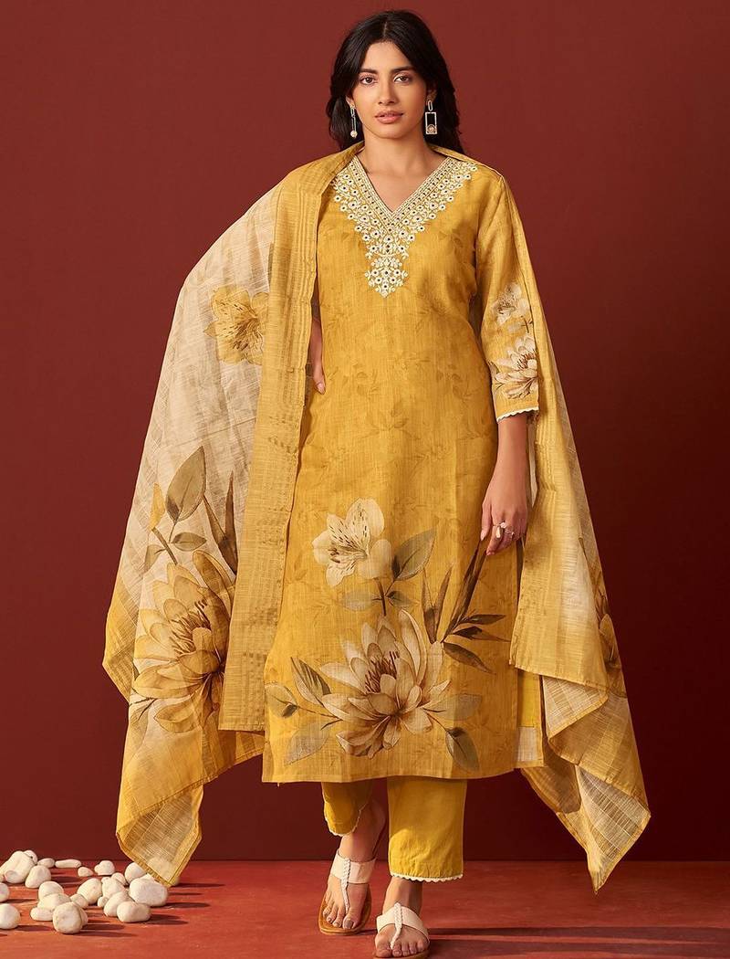 Women Floral Embroidered Cotton Kurta with Trousers & Dupatta