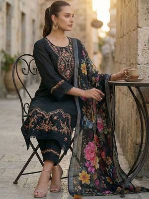 Women Floral Embroidered Regular Thread Work Pure Cotton Kurta with Trousers & With Dupatta 1