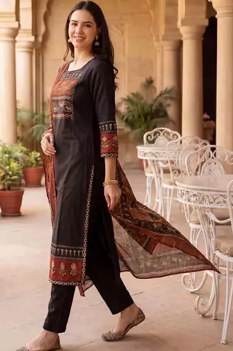 Women Ethnic Motifs Printed Regular Pure Cotton Kurta with Trousers & With Dupatta