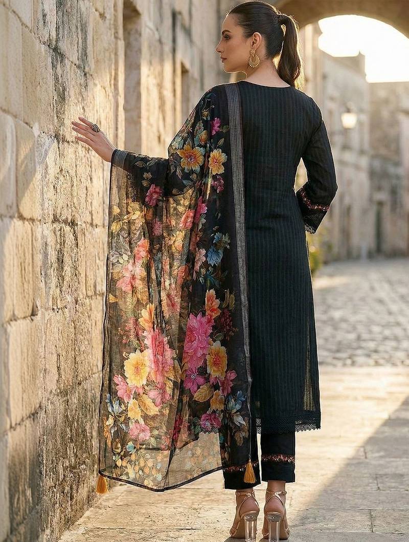 Women Floral Embroidered Regular Thread Work Pure Cotton Kurta with Trousers & With Dupatta