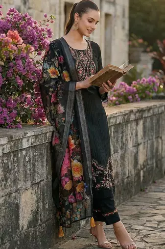 Women Floral Embroidered Regular Thread Work Pure Cotton Kurta with Trousers & With Dupatta